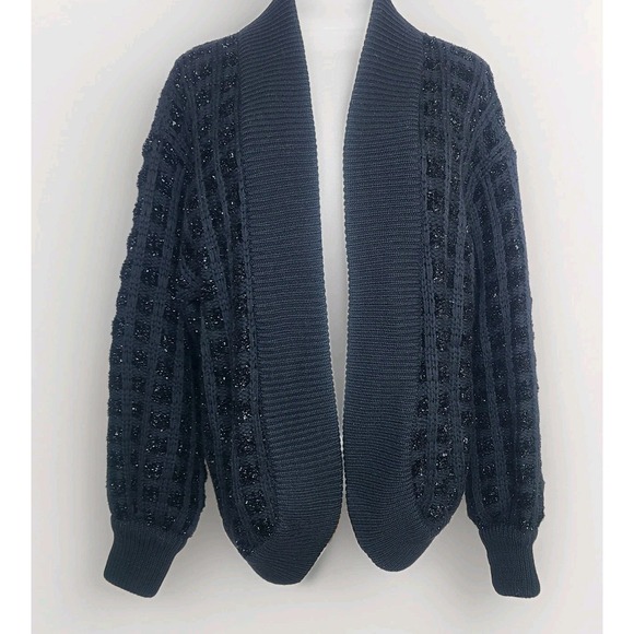 Escada Sweaters - Vtg Escada By Margaretha Ley Wool Blend Shimmer Chunky Black Knit Cardigan 42